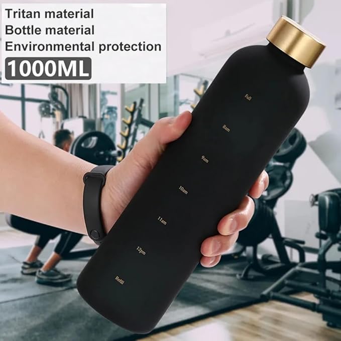 Fitness Sport Water Bottle with Carrying Strap 1000 ml / 32 oz With Time Marker Cute Motivational Water Bottles for Hiking,Travel, Sports, Home, School,Gym,Yoga,Office-Multicolor (Black)