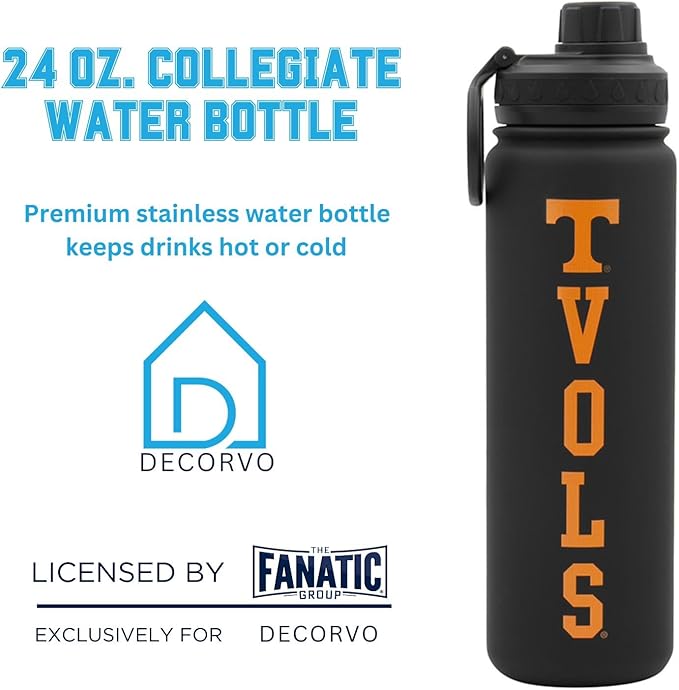 Tennessee Vols Water Bottle - Black Double Walled Stainless Steel 24 oz Keeps Drinks Cold or Hot