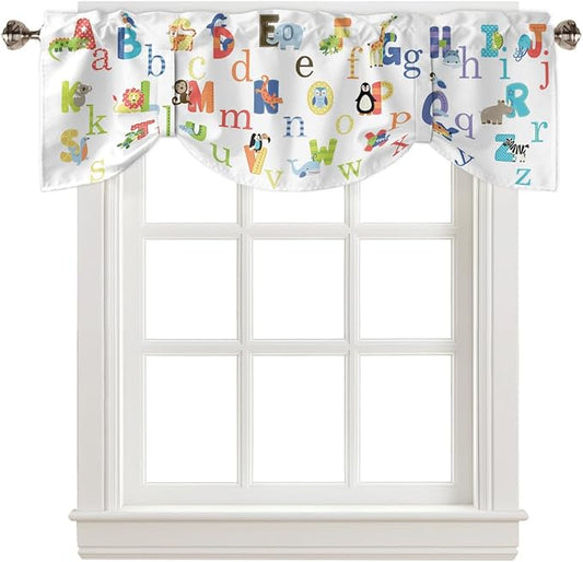 Cute Animals Alphabet for Kids Blackout Tie Up Valance Curtains for Kitchen Windows Colorful Printed Window Toppers Balloon Shades for Living Room/Bathroom/Bedroom,1 Panel,42" X 18"