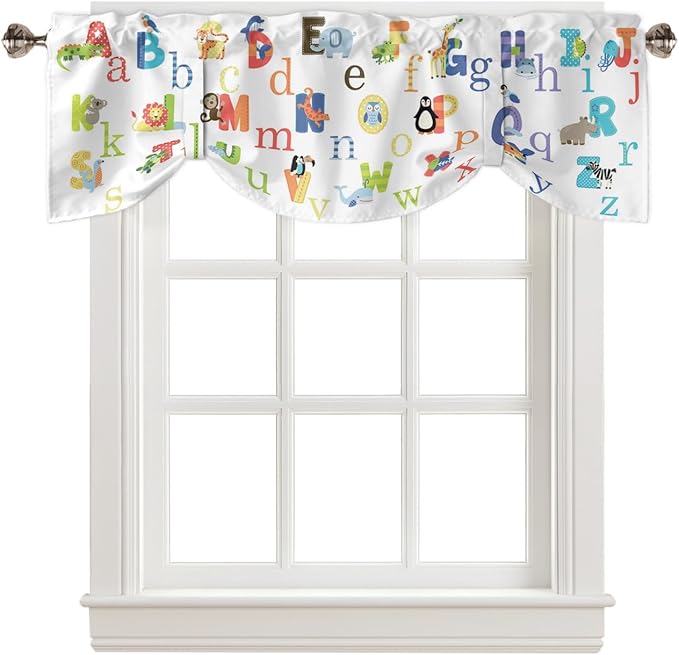 Cute Animals Alphabet for Kids Blackout Tie Up Valance Curtains for Kitchen Windows Colorful Printed Window Toppers Balloon Shades for Living Room/Bathroom/Bedroom,1 Panel,42" X 12"