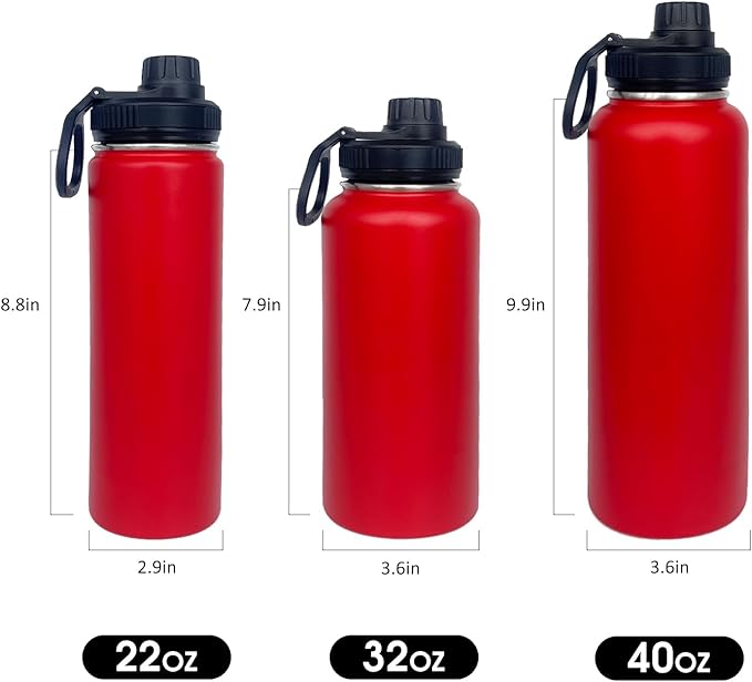 4pack 22 oz Insulated Water Bottle With Straw, Stainless Steel Sports Water Cup Flask with 2 Lids, Wide Mouth Travel Thermal Mug,Red