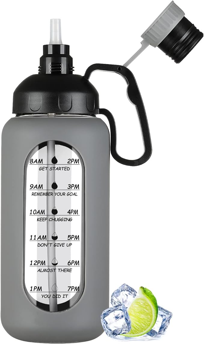 MUKOKO 64oz Glass Water Bottles with Straw, Half Gallon Water Bottle with Time Marker, Motivational Water Bottle with Silicone Sleeves,Large Glass Water Bottle for Gym,Working,Outdoor,Grey