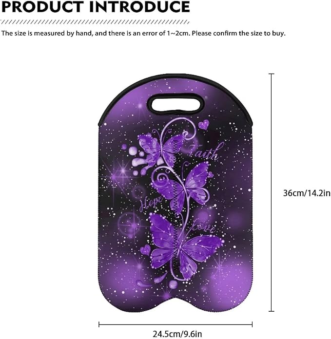 doginthehole Wine Tote Carrier Bag Purple Butterfly Print Neoprene Champagne Bottle Protective Sleeve Reusable Wine Bottle Bag Double Wine Carry Bag for Travel Picnic Dinner