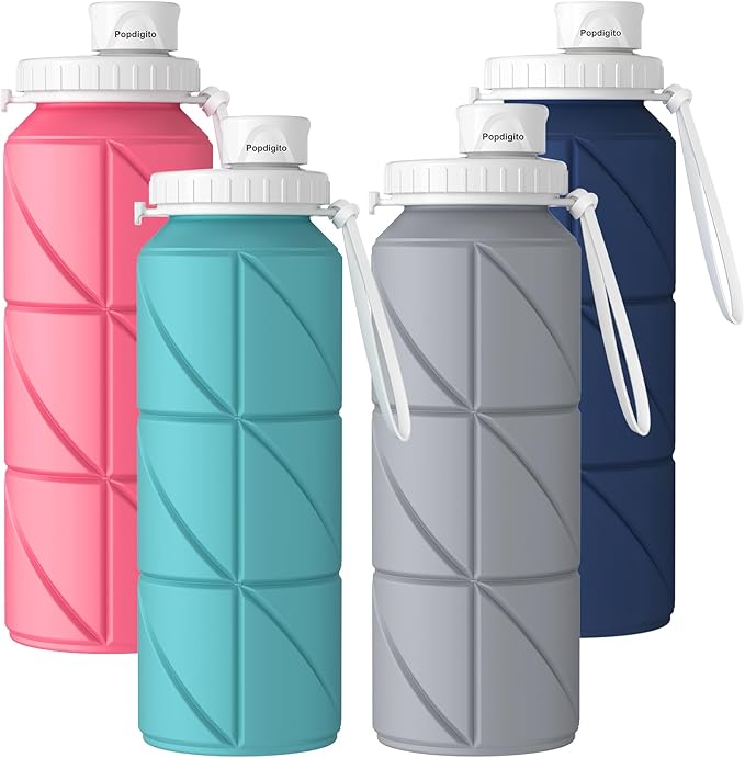 4pack Collapsible Water Bottles Foldable Silicone Travel Water Bottle Leakproof Flexible BPA Free Portable,Folding Water Bottle Lightweight for Camping,Hiking,Sports Travel Bottles 23oz