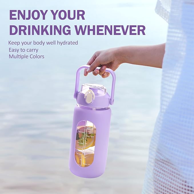 kytffu 42oz Glass Water Bottles with Straw, Motivational Glass Bottle with Silicone Sleeve and Time Marker, Leakproof Large Glass Water Jug for Gym Home Office,Purple