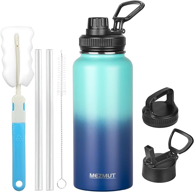 Stainless Steel Water Bottles 32oz Insulated Water Bottle with Straw&3 Lids Double Walled Sports Metal Thermos Water Bottle Cup Leak-Proof Vacuum Insulated Bottles Travel(Gradient Blue)