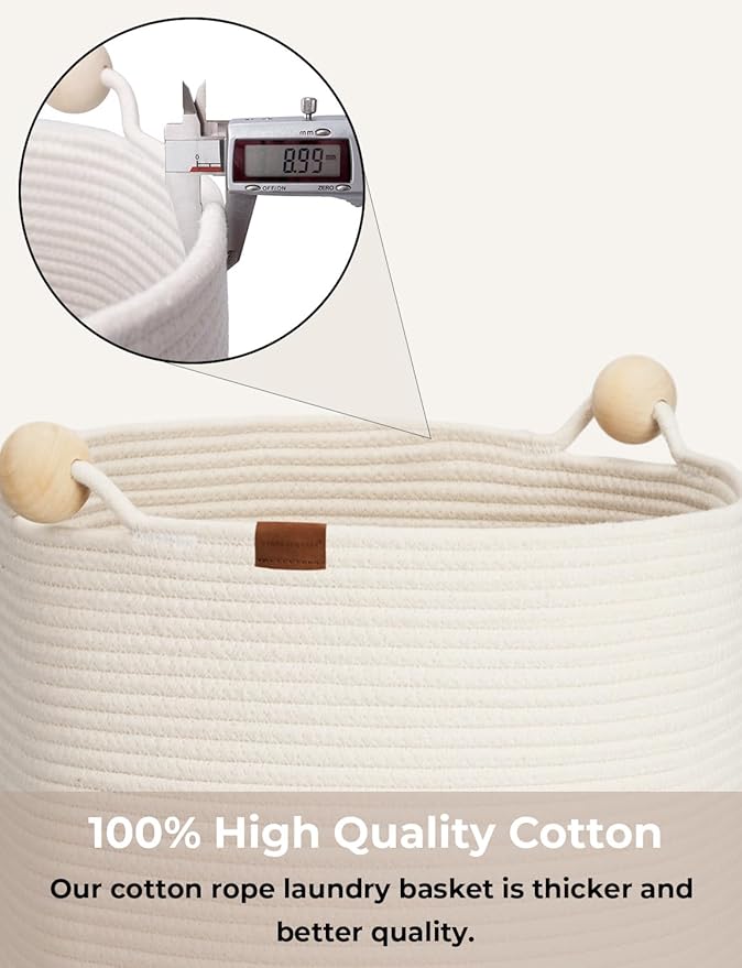 StorageWorks 58L Cotton Rope Laundry Basket with Wooden Beads Handles, Woven Basket for Storage, Dirty Clothes, Kids Toys, Towels, White & Khaki
