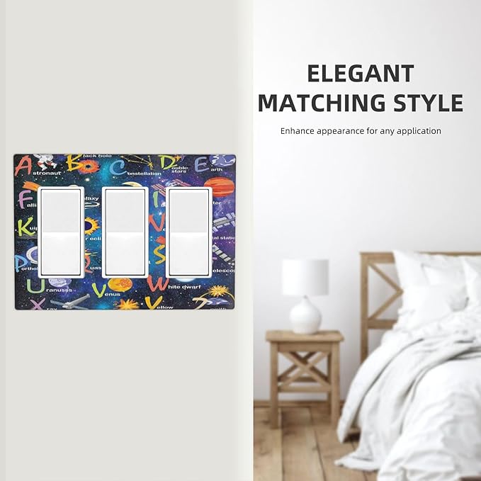 ABC Outer Space 3 Gang Rocker Light Switch Plate Alphabet Galaxy Educational Triple Decora Outlet Wall Plate Cover Faceplate Decorative Switchcovers GFCI for Kidroom Nursery Living Room Boyroom Decor