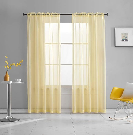Light Yellow Sheer Voile Curtains Translucent Solid Color Window Treatment 72 Inches Long Panels Rod Pocket Light Yellow Sheers for Bedroom Living Room 2 Panels 52x72