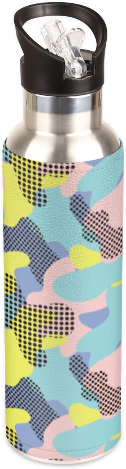 Dot Camouflage Stainless Steel Sports Water Bottle with Straw, 20 oz Vacuum Insulated Cup, Keeps Hot Cold Canteen Water Bottles For Cycling Travel Hiking