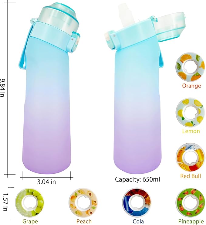 Air Water Bottle,650ML Scent Water Cup with 7 Flavour Pods,Leak Proof Sports Water Cup with Straw Suitable for Outdoor Sports,Kids Gifts (Blue Purple)