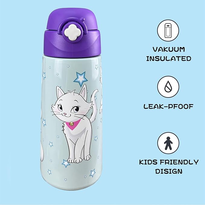 Kids Insulated Water Bottle with Covered Pop-Up Straw,16oz Kids Cups with Stainless Steel Leak Proof for School Boys Girls（Cat-Purple）