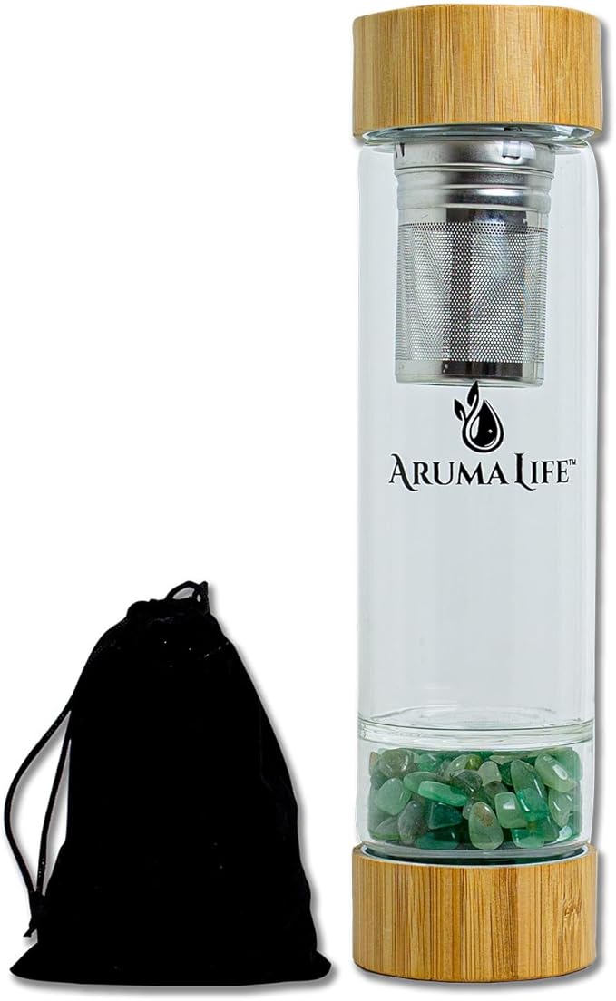 Crystal Water Bottle with a Loose-Leaf Tea or Fruit Infuser, Safe for Hot and Cold Drinks, Eco-friendly & Plus BONUS Protective Sleeve & Extra Set of Crystals (Aventurine & Amethyst)
