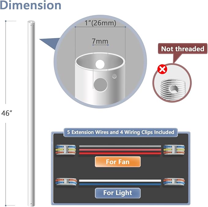 46" Ceiling Fan Downrod, 【1 Outside Diameter】 Matte White Extended Downrod, including 4 Wire Connectors and 5 Extension Wires (No Threads)