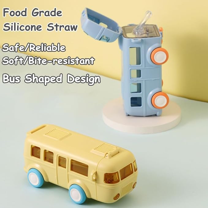 Bus Water Bottle Car Straw Water Cup 17oz Portable Bus Shaped Water Bottle with Strap Cute Drinking Jug with Wheels Leakproof for School, 0P030653O111, Yellow