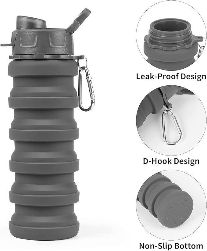 Collapsible Water Bottle, Foldable Cup,500Ml Collapsible Sport Water Bottle Bpa Reusable Travel Water Bottles For Hiking Biking Running Outdoor Gym (Gray(B)+Purple(B))