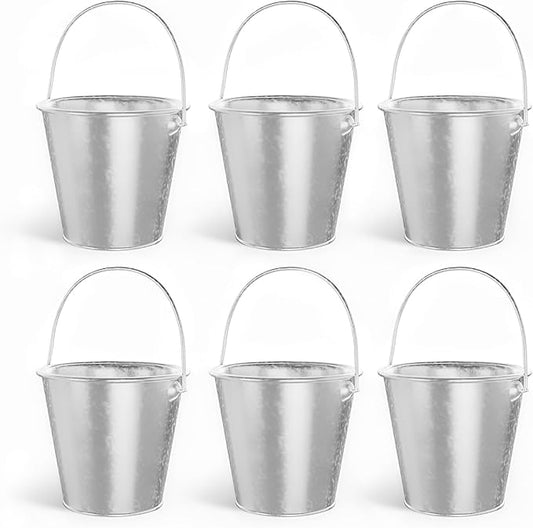 Galvanized Bucket, Metal Buckets with Handle 6 Pcs Leak Proof & Rust Resistant 48 fl oz Capacity - Best for Party Décor, Organizing & Decorating Easter Silver Bucket (Large 6.3" Top)