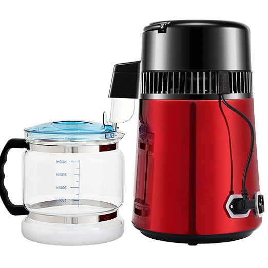 VEVOR 1.1Gal Water Distiller, 0.3Gal/H, Distilled Water Maker Machine 750W 0-99H Timing Dual Temp Display, 304 Stainless Steel Countertop Distiller Glass Carafe Cleaning Powder 3 Carbon Packs, Red