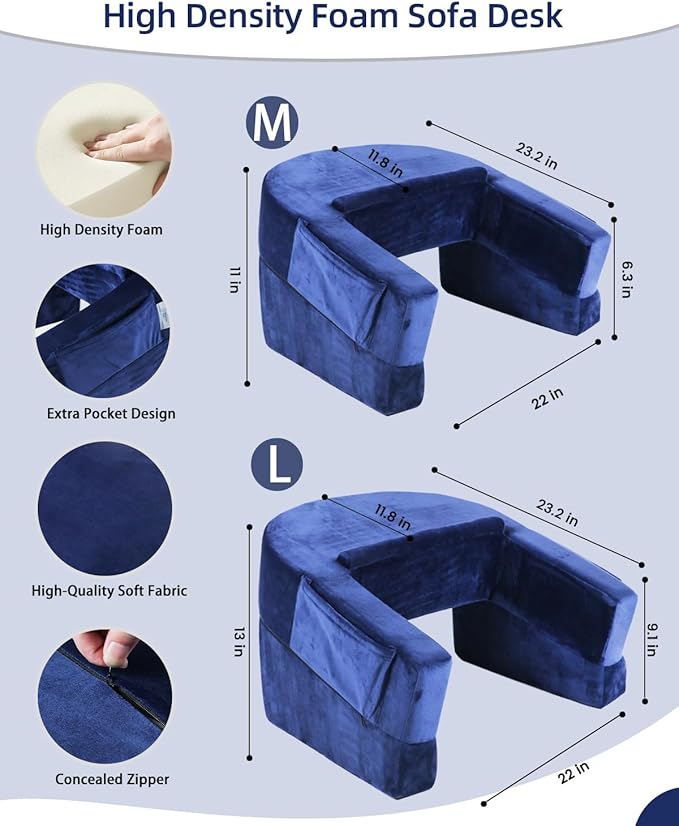 Weighted Idea Reading Pillow for Gaming, Meduim Gaming Pillow for Adult，Table Pillow with 2 Side Pockets for Gaming, Reading, Working Sitting in Bed Floor Sofa (Blue)