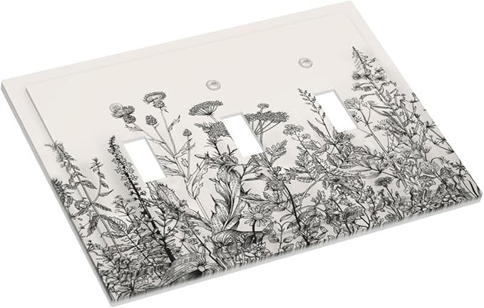 Vintage Grey Floral Herbs Wild Flowers Botanical 3 Gang Boho Light Switch Covers Decorative Country Unique Triple Toggle Wall Plate Electrical Faceplate Switchplate for Bathroom Bedroom