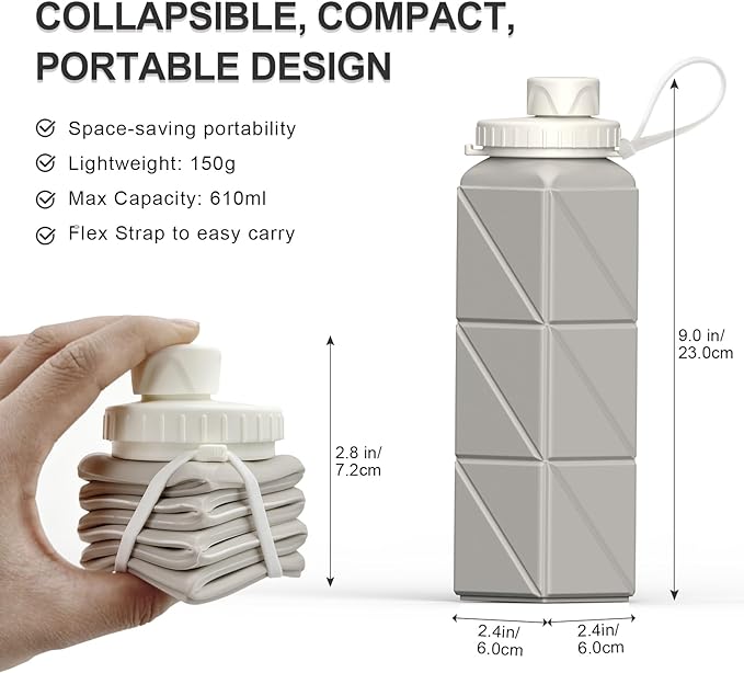 Collapsible Water Bottles, Silicone Foldable Portable Water Bottle 610ml, Lightweight Reusable Leakproof for Sports and Outdoor, 1 Pack (Starlight)