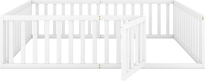 Queen Size Floor Bed with Fence, Solid Wood Floor Bed Frame for Kids with Door, Twin Platform Bed for Boys and Girls Kids Teens, Fun Design, for Children Bedroom