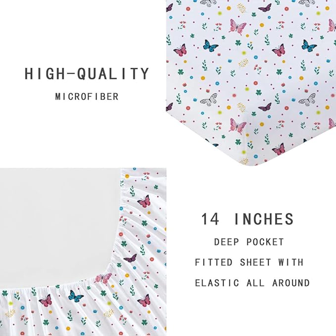 Kids Butterfly Fitted Sheet Set Full for Girls Teens Colorful Flowers Pattern Bed Sheet 2 Piece 3D Print Dreaming Style Sheet Set