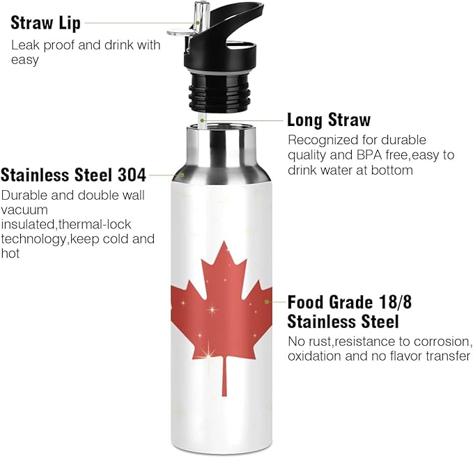Canadian Flag Sports Water Bottle, Double Wall Vacuum Insulated Stainless Steel Water Bottle with Straw Keeps Hot and Cold, Bike Running Sports Travel Gym 20oz