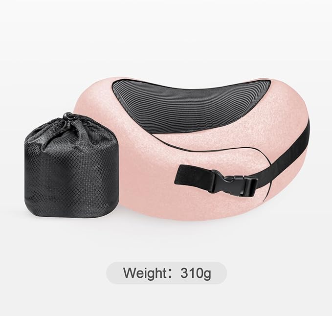 PORTHOLIC 2024 Upgraded Travel Neck Pillow with Buckle,100% Pure Memory Foam Travel Neck Pillow for Airplane Travel Flight Headrest Sleep, Portable Plane Accessories (Pink)