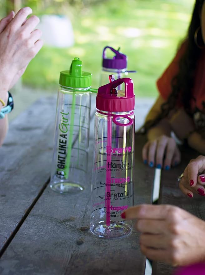 Fight Like a Girl Brave SlimKim 30 oz Motivational Water Bottle with Time Marker & Straw for Lymphoma, Lyme Disease Awareness - Reusable Clear Water Bottle for Workout, Gym, Travel - Lime Green