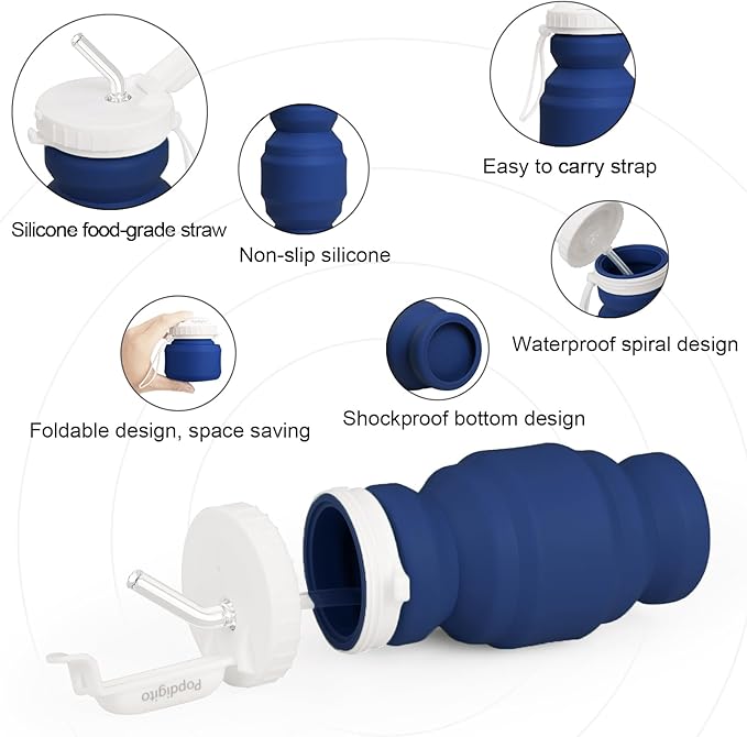 Collapsible Water Bottles 20.7oz Leakproof with Straw Lid Food-Grade BPA-Free Silicone Travel Foldable Water Bottles for Sports Office Gym Hiking Driving 610ML (navy blue little 320ml)
