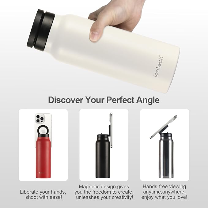 Insulated Water Bottle with Magnetic Phone Holder Compatible with MagSafe and iPhone, Stainless Steel Water Bottle Phone Mount For Sports Travel School, Hot 12H Cold 24H, 24oz (Silver)