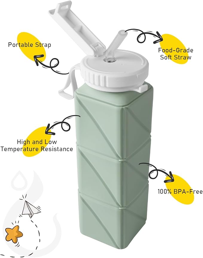 Opard Collapsible Water Bottles 21 Oz - BPA Free, Leak Proof, Foldable Silicone Collapse Water Bottle with Straw, Easy to Compact and Expandable, Travel Essentials Accessories (Green + Blue)