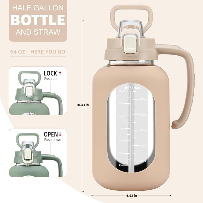 64 oz Glass Water Bolttles Half Gallon Large Motivational Water Bottle with Time Marker Sports Water Bottles with Silicone Sleeve and Handle Lid Water Jug for Gym Workout