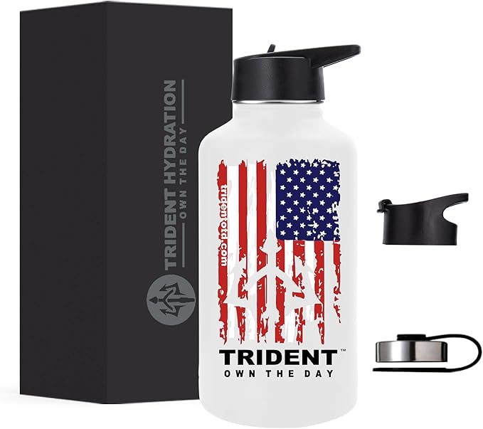 American Flag 64 oz Water Bottle, Reusable Water Bottle with Straw, Leak Proof Water Bottles, 64oz Insulated Water Bottle, Thermos Water Bottle - Retired Navy Combat Vet Small Business (White, 64 Oz)