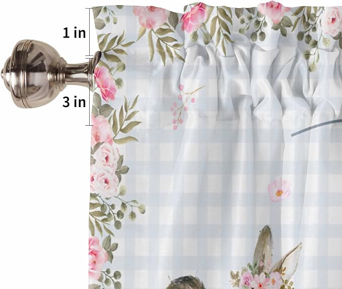 Rabbits Flowers Easter Kitchen Curtains and Valances Set,Eucalyptus Leaf Spring Summer Window Tiers Grey White Buffalo Plaid Half/Short Curtains for Small Windows Cafe /Living Room/ Bedroom 54x 36 in