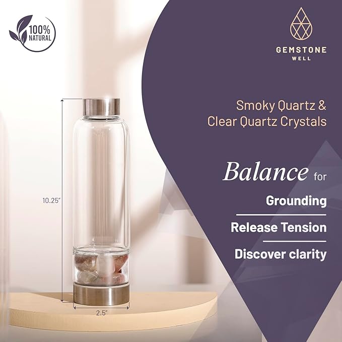 Crystal Water Bottle Elixir Set | Includes Authentic Smoky Quartz & Clear Quartz Healing Crystals | Black Neoprene Sleeve | Drink Gem Infused Water On The Go