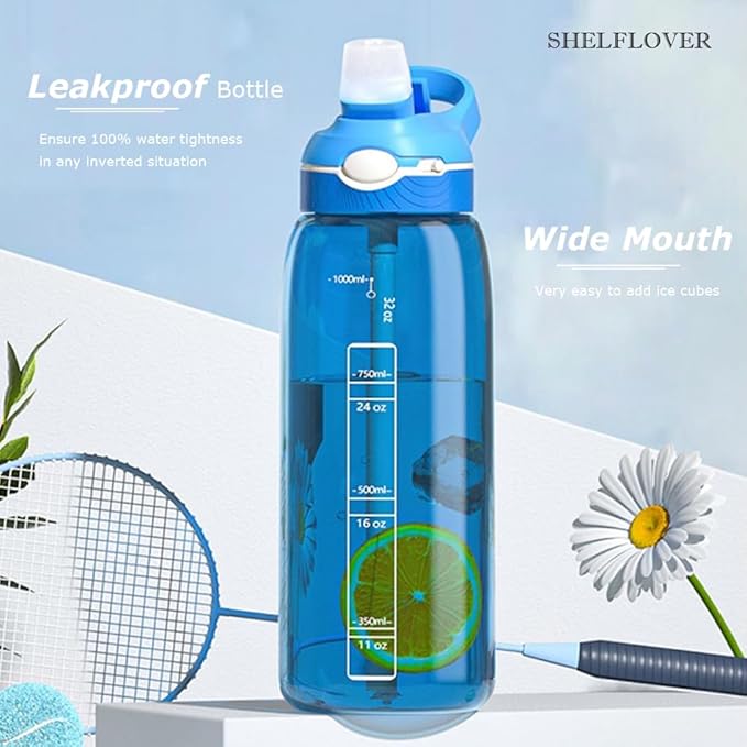 SHELFLOVER Light Blue Water Bottle With Narrow Straw, BPA FREE Clear Bottles With Handle One Hand Use Easy Carried, Flip Up, Suit School, Office, Gym, Office, 32oz (1000ml), SLWB32OZP