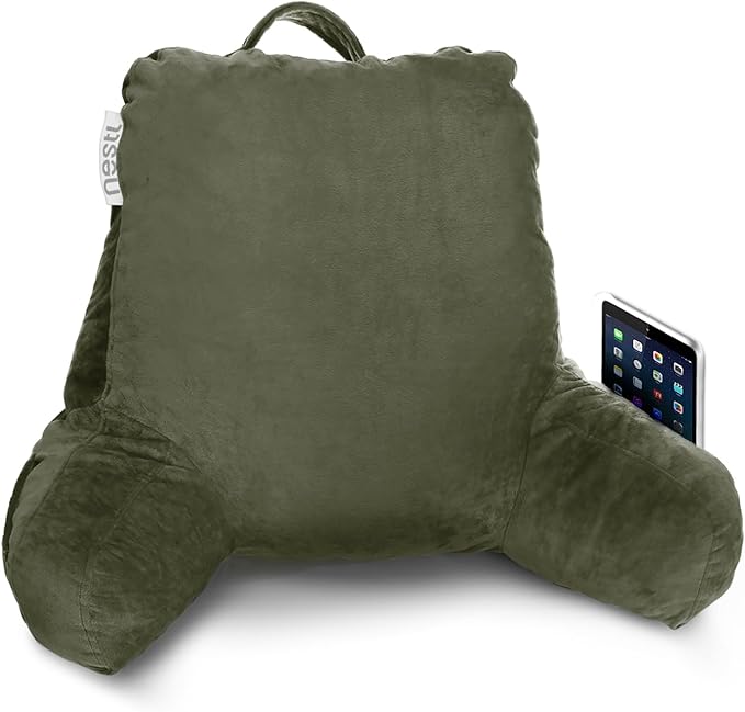 Nestl Reading Pillow Standard Bed Pillow, Back Pillow for Sitting in Bed Shredded Memory Foam Chair Pillow Reading & Bed Rest Pillows Olive Green Back Pillow for Bed, Bed Chair Arm Pillow with Pockets