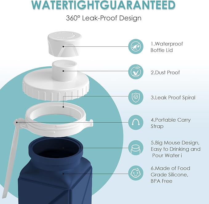 Collapsible Water Bottles,BPA-Free Leak-Proof Silicone Foldable Water Bottle Cup 20.6oz,Durable Lightweight Bottle for Gym Travel Camping Hiking Running (Navy Blue)