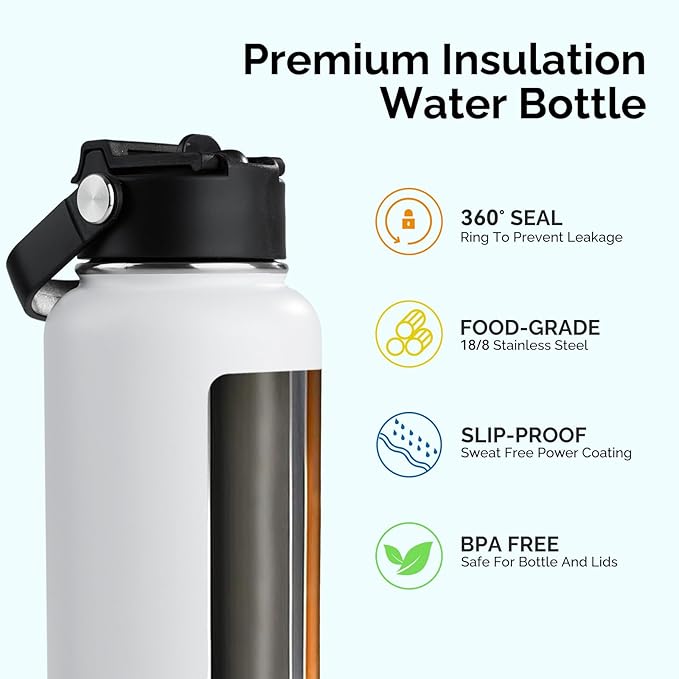 Kerilyn Stainless Steel Insulated Water Bottle, 40oz Double Wall Vacuum Insulated Water Bottle Leak Proof with Silicone Straw, Wide Mouth Lid, BPA Free, Keep Cold and Hot, 40oz, White