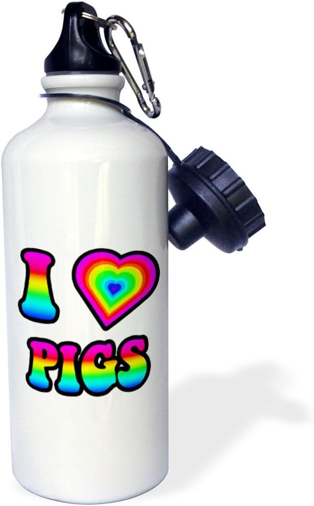 3dRose Groovy Hippie Rainbow I Heart Love Pigs-Sports Water Bottle, 21oz , 21 oz, Multicolored