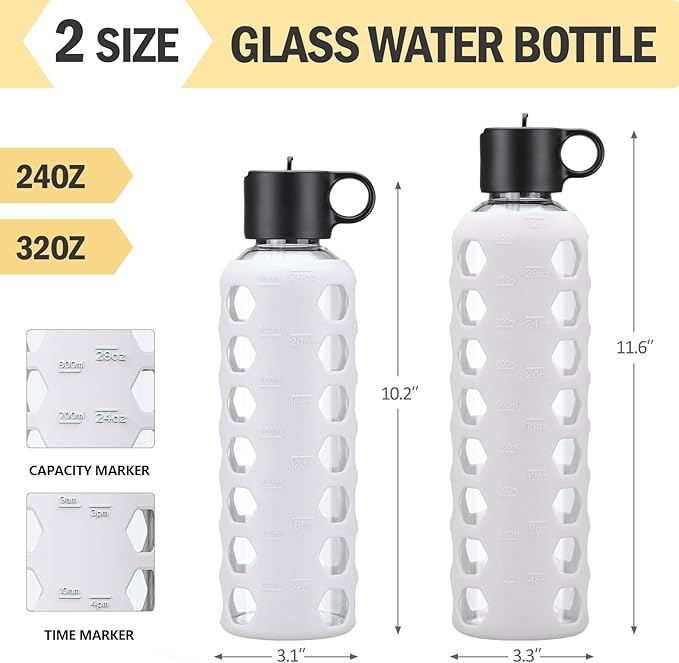 MUKOKO Glass Water Bottles, 24oz Glass Tumbler, Drinking Bottles with 2 Lids-Handle Flip Straw Lid&Bamboo Lid, Motivational Water Bottle with Time Marker and Silicone Sleeve, Leakproof-1 Pack-White