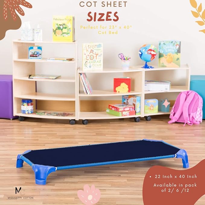Pack of 24 Cot Sheet for Daycare Preschool Cot Bed -Polyblend Fabric with Corner Elastic Cots Sheets Fits On 22" X 52" Inches Size Toddler and Preschool Daycare Cot Navy Blue 22 X 52 Size