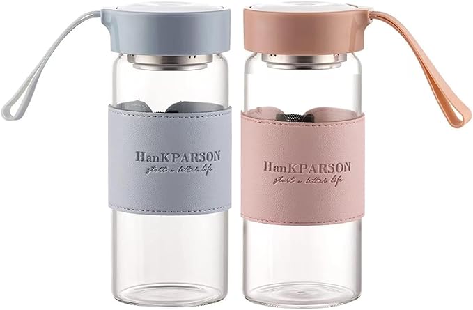 Glass Water Bottles 16 Oz Borosilicate water bottle-with sealing cap and Holsters and filters - BPA free,Men and Women Portable Glass Bottle (Pink+Blue)