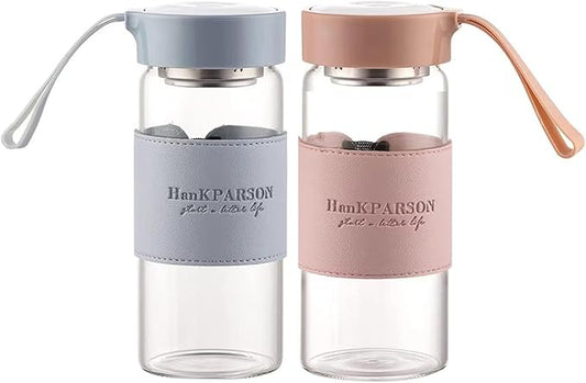 Glass Water Bottles 16 Oz Borosilicate water bottle-with sealing cap and Holsters and filters - BPA free,Men and Women Portable Glass Bottle (Pink+Blue)