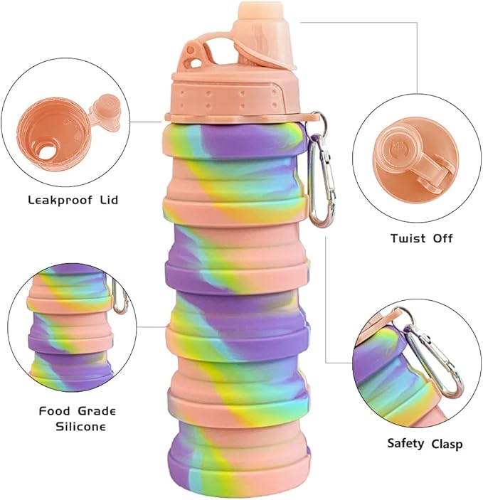 Collapsible Water Bottles 2 pack Travel Water Bottle Portable Hiking Water Bottle with Leak proof 500ML Reusable BPA Free Silicone Water Bottles. (Pink+Rose Red)