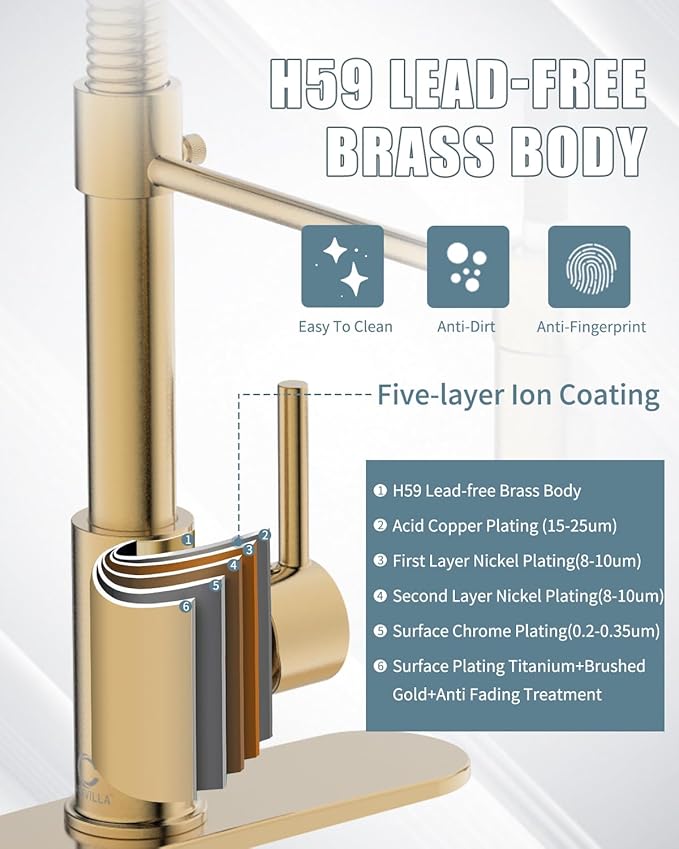 Kitchen Faucet, Brushed Gold Kitchen Faucet with Soap Dispenser and Deck Plate, Faucet for Camper Farmhouse RV Kitchen Sink, Single Handle Stainless Steel Kitchen Sink Faucets with Pull Down Sprayer