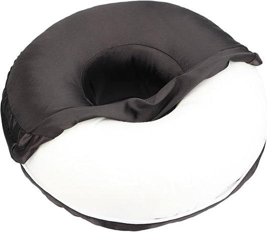 Satin Ear Piercing Pillow Removable Cover Luxury Cnh Pillow with Ear Holes for Ear Pain Side Sleepers Washable Large Donut Pillows Head Neck Support Black