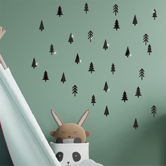 Pine Tree Wall Stickers 3D Acrylic Mirror Wall Stickers Decor Black Small Tree Wall Decals Peel and Stick Pine Tree Art Decals Acrylic Wall Stickers for Nursery Kids Bedroom Decor